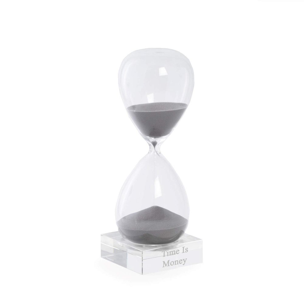Bey-Berk Personalized 60-Minute Crystal Sand Timer (Gray), 10.5" Clear Crystal Base with Grey Sand, Custom Hand-Blown Hourglass Desk Accent