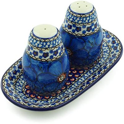 Polmedia Polish Pottery Salt and Pepper 3-Piece Set UNIKAT - Cobalt Poppies Pattern Handmade in Boleslawiec Poland by Ceramika Artystyczna + Certificate of Authenticity