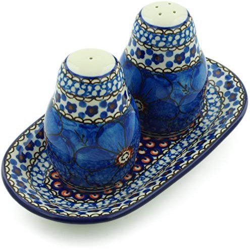 Polmedia Polish Pottery Salt and Pepper 3-Piece Set UNIKAT - Cobalt Poppies Pattern Handmade in Boleslawiec Poland by Ceramika Artystyczna + Certificate of Authenticity