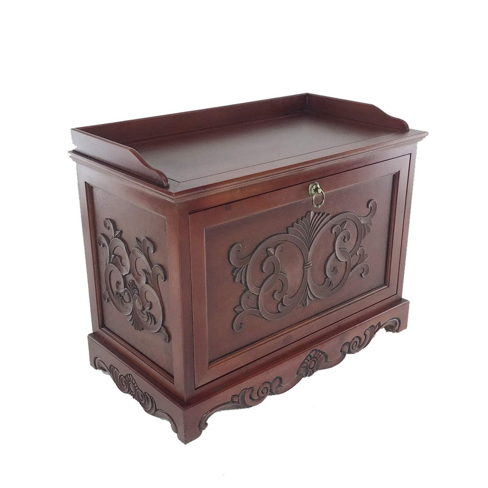 Benjara Engraved Wooden Shoe Cabinet with Drop Down Opening and Metal Hinges, Brown