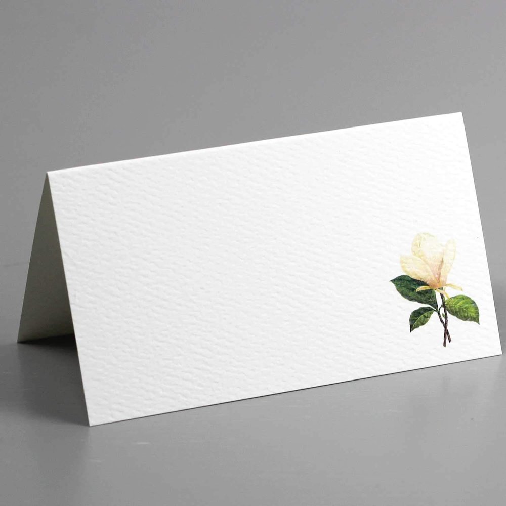 Nancy Nikko Place Cards with White Magnolia Flower for Weddings, Showers, Luncheon and Dinner Parties. Table Tent Style, Scored for Easy Folding. Available in Pkgs of 12/25 / 50 (12)