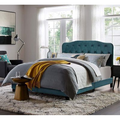 Full Size Teal Velvet Platform Bed with Button Tufted Headboard Green Modern Contemporary Traditional Upholstered Wood