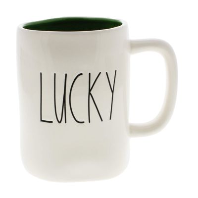 Rae Dunn by Magenta LUCKY Ceramic LL Coffee Mug Green Interior