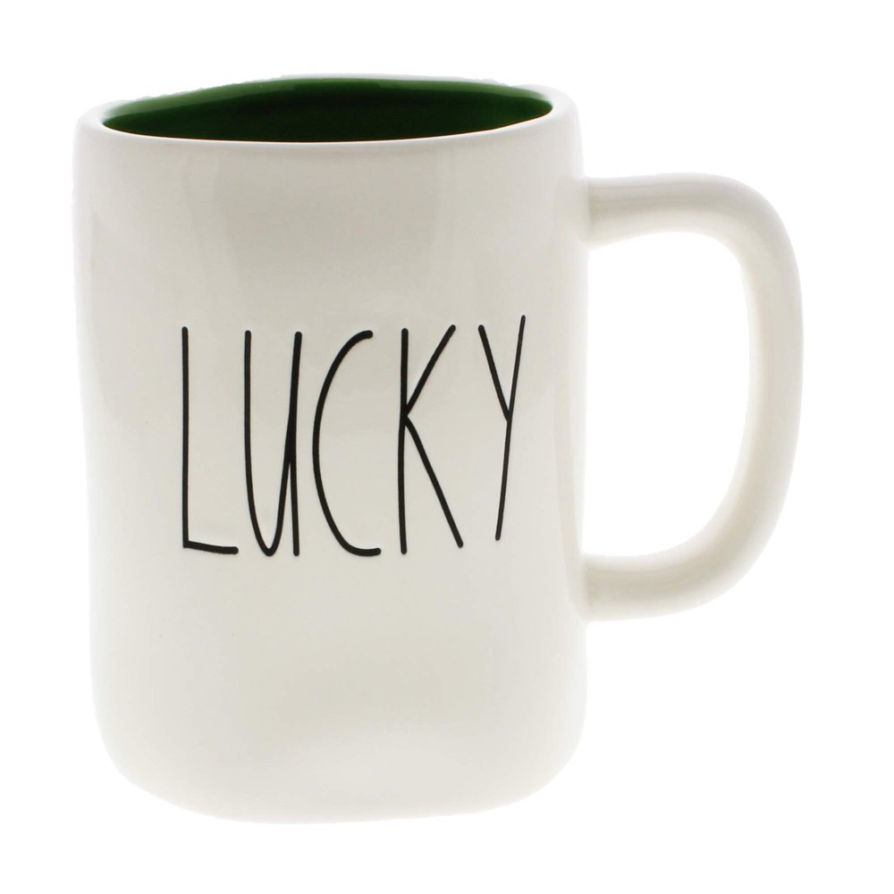Rae Dunn by Magenta LUCKY Ceramic LL Coffee Mug Green Interior