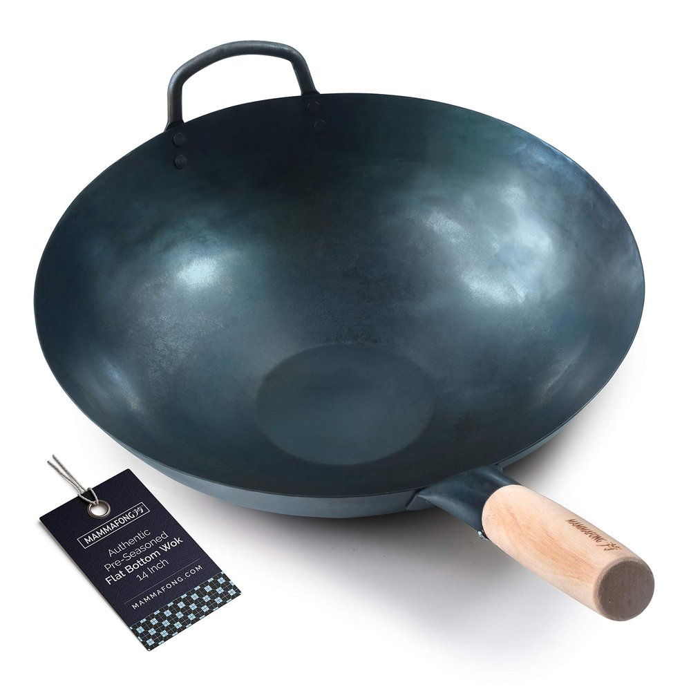 Mammafong Pre Seasoned Blue Carbon Steel Flat Bottom Wok -14 Inch Chinese Pow Wok - Traditionally Hand Hammered Woks and Stir Fry Pans