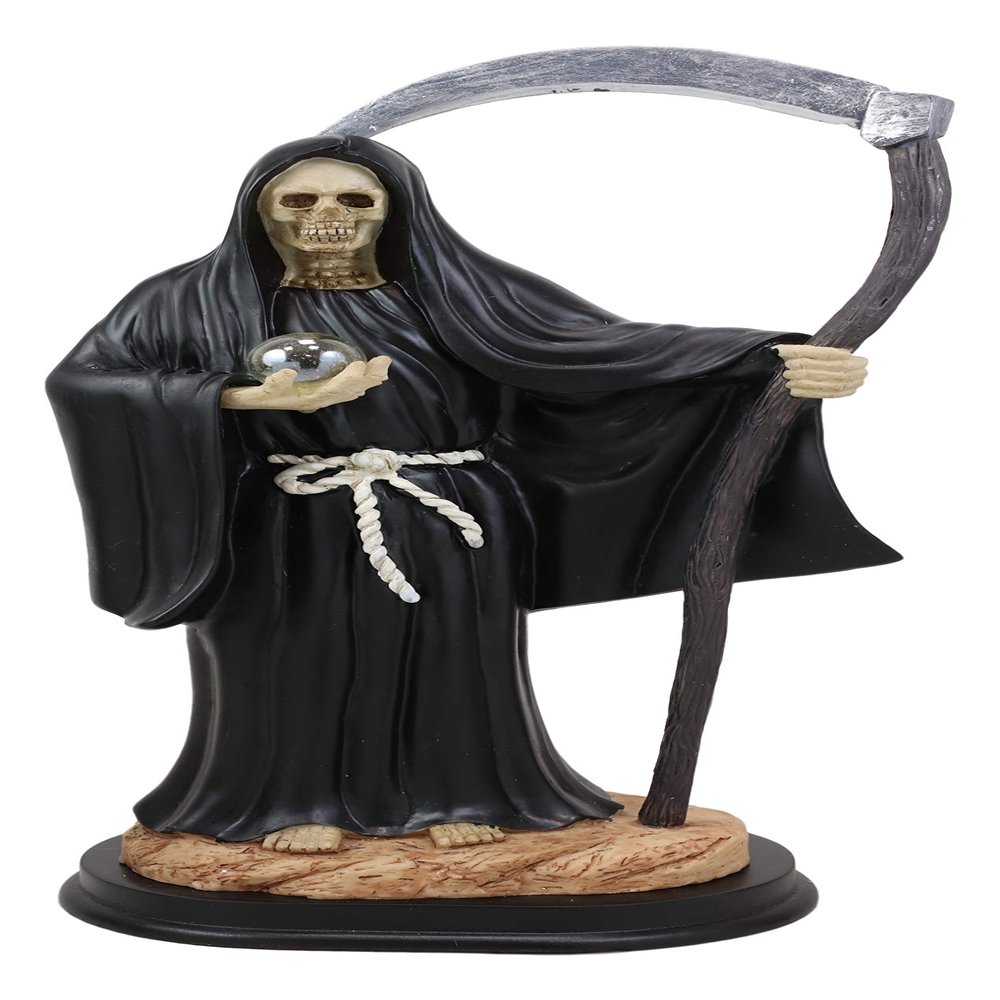 Ebros Gift 12.75" Tall Holy Death Santa Muerte Holding Scythe in Black Tunic Robe Statue Day of The Dead Decorative Figurine Symbol of Protection from The Evil Eye