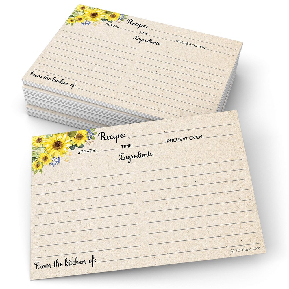 321Done Recipe Cards - Set of 50 Large Double-Sided Thick 4x6 Rustic Recipe Cards, Kraft Sunflower Design for Bridal Shower & Wedding Gift, Made in USA