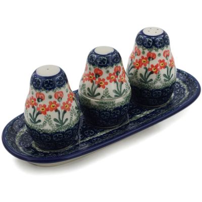 Polmedia Polish Pottery Salt and Pepper with Toothpick Holder - Peach Spring Daisy Pattern Handmade in Boleslawiec Poland by Ceramika Artystyczna + Certificate of Authenticity