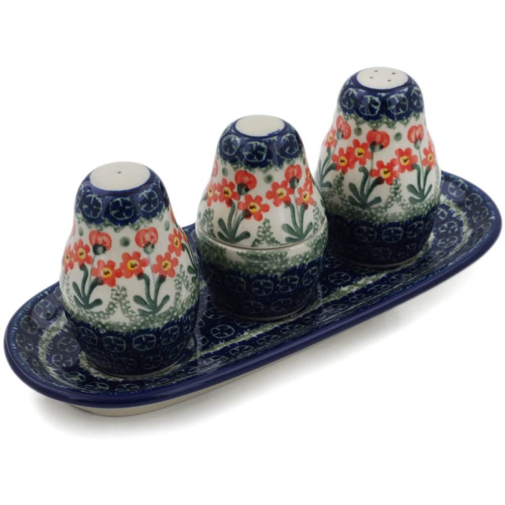 Polmedia Polish Pottery Salt and Pepper with Toothpick Holder - Peach Spring Daisy Pattern Handmade in Boleslawiec Poland by Ceramika Artystyczna + Certificate of Authenticity
