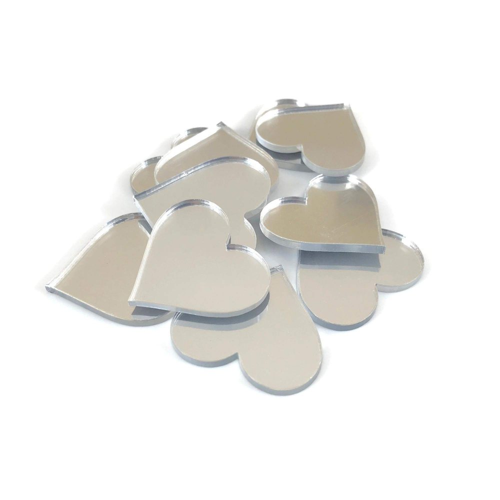 Heart Shaped Crafting Mirrors, Set of 10, Shatterproof Acrylic, Silver