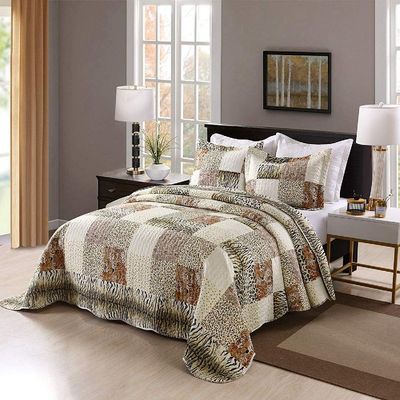 3 Piece Leopard Quilted Bedspread Quilt Set Queen Bedding Reversible Cheetah Coverlet Animal Print Eclectic Throw Blanket Ivory Multicolor Safari Jungle Nature Beautiful Decorative Cozy Comfy