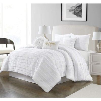 7 Piece Glam Style Bright White Comforter Set, All Season Beautiful Ruffled Fringe Stripes Effect Techniques Silky Soft Luxury Bedding Sets King Cal, Perfect Stitching Elegant Touch Bedskirt Included