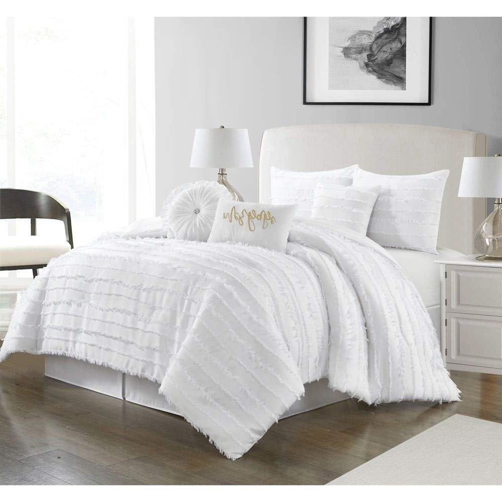 7 Piece Glam Style Bright White Comforter Set, All Season Beautiful Ruffled Fringe Stripes Effect Techniques Silky Soft Luxury Bedding Sets King Cal, Perfect Stitching Elegant Touch Bedskirt Included