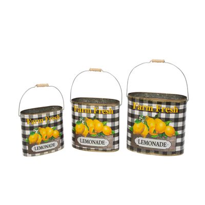 GERSON INTERNATIONAL Assorted Metal Nesting "Farm Fresh Lemonade" Decorative Buckets, Set of 3 2521770EC