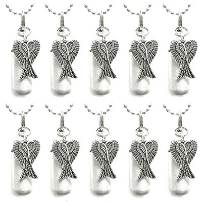 Large Family Set of 10 - Brushed Silver Angel Wings Cremation URN Necklaces - Includes Ten Velvet Pouches, Ten Ball-Chains & Disposable Fill Kit - Made in The USA