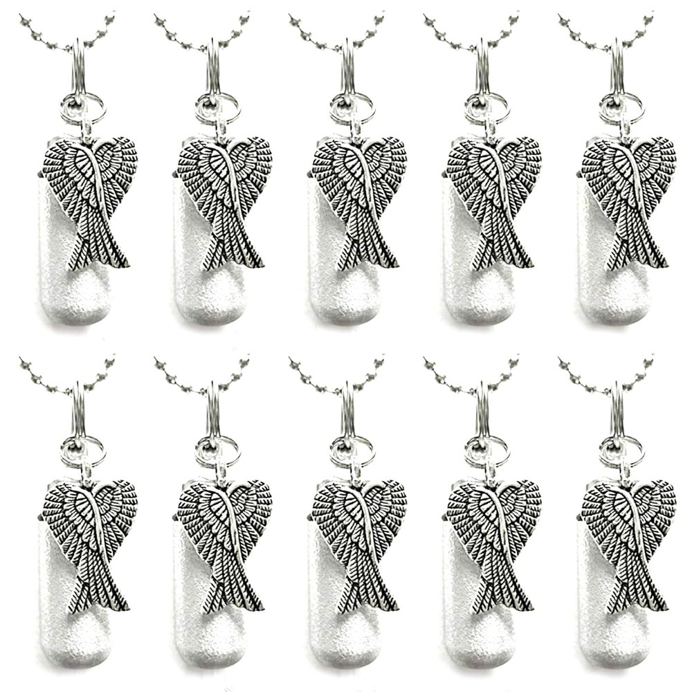 Large Family Set of 10 - Brushed Silver Angel Wings Cremation URN Necklaces - Includes Ten Velvet Pouches, Ten Ball-Chains & Disposable Fill Kit - Made in The USA