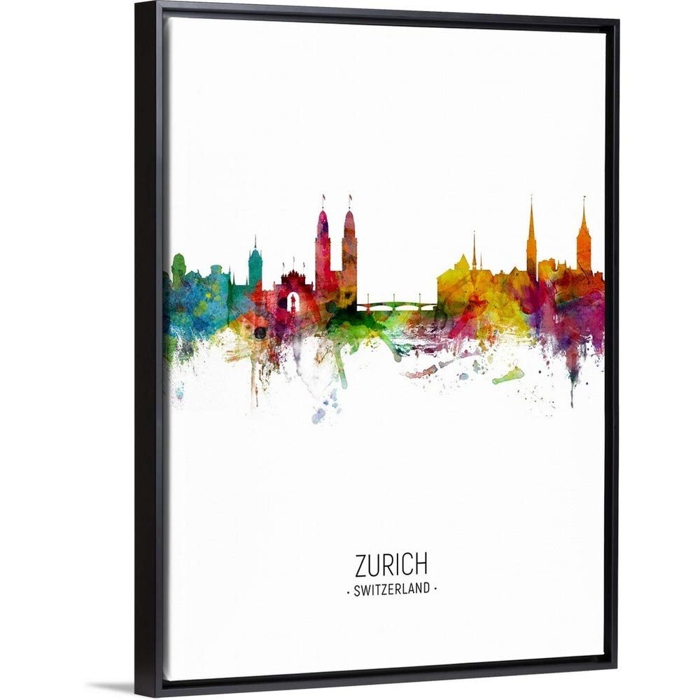 Zurich Switzerland Skyline Black Float Frame Canvas Art, Artwork