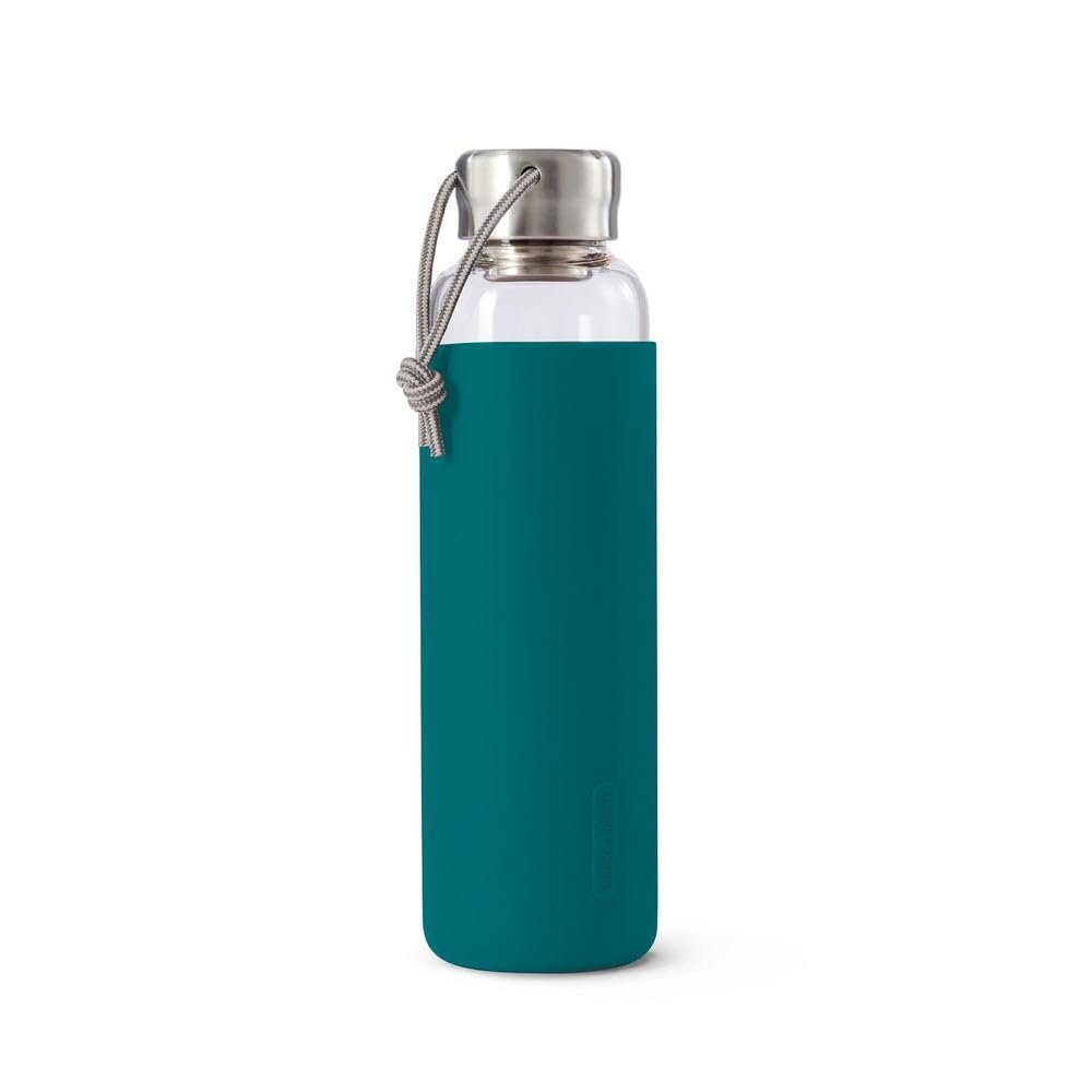 BLACK + BLUM Travel Glass Water Bottle | Lightweight, Leak Proof Flask w/ Protective Sleeve & Stainless Steel Lid | Hot or Cold Drinks for Travel, Office & School for All Ages | Ocean, 20 oz / 600 ml