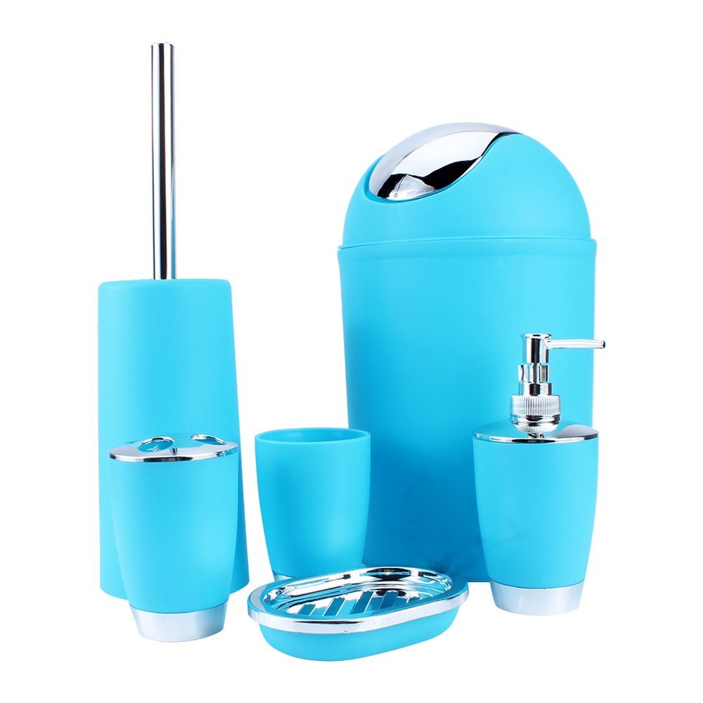 Bathroom Set Blue Bathroom Accessories Set 6 Pcs Plastic Bathroom Sets with Toothbrush Cup Toothbrush and Toothpaste Holder Lotion Dispenser Rubbish Bin Toilet Brush with Holder