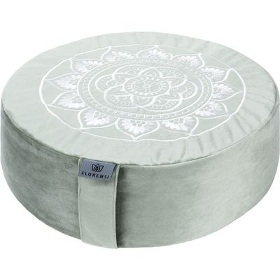 Florensi Yoga Meditation Cushion - Large, Sage Green, Velvet, Firm Buckwheat Hull Support for Floor Seating, Ergonomic Round Meditation Pillow for Sitting, Portable Handle for Flexible Seating