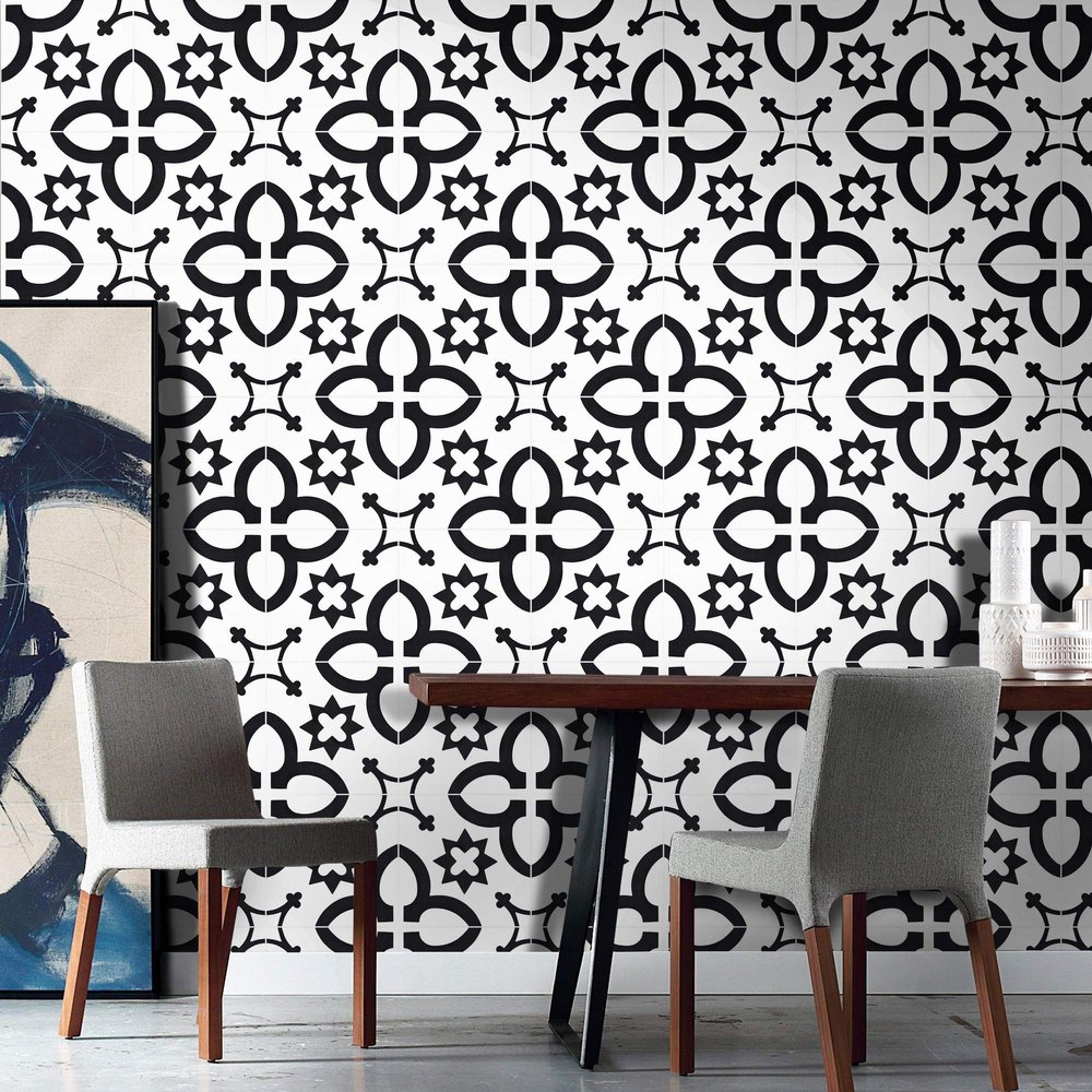Moroccan Mosaic & Tile House CTP28-01 Megouna Handmade Cement Tiles, Pack of 12, White and Black