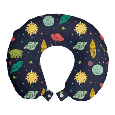 Ambesonne Outer Space Travel Pillow Neck Rest, Galaxy Themed Image with Stars Planets Spacecrafts and Rockets, Memory Foam Traveling Accessory for Airplane and Car, 12", Multicolor