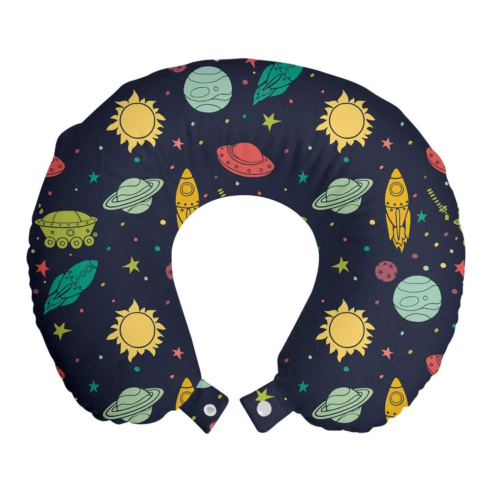 Ambesonne Outer Space Travel Pillow Neck Rest, Galaxy Themed Image with Stars Planets Spacecrafts and Rockets, Memory Foam Traveling Accessory for Airplane and Car, 12", Multicolor