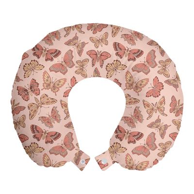 Ambesonne Butterfly Travel Pillow Neck Rest, Summer Time Ornamental Flying Creatures in Rose Tones, Memory Foam Traveling Accessory for Airplane and Car, 12", Blush Coral