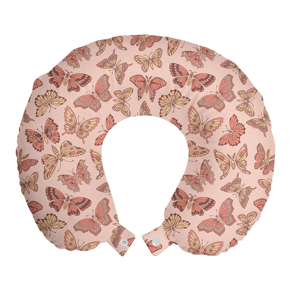 Ambesonne Butterfly Travel Pillow Neck Rest, Summer Time Ornamental Flying Creatures in Rose Tones, Memory Foam Traveling Accessory for Airplane and Car, 12", Blush Coral