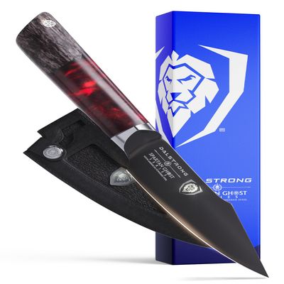 Dalstrong Paring Knife - 4 inch - Spartan Ghost Series - Premium American Forged S35VN Powdered Steel - Razor Sharp Blade - Kitchen Knife - Maple & Red Resin Handle - Sheath