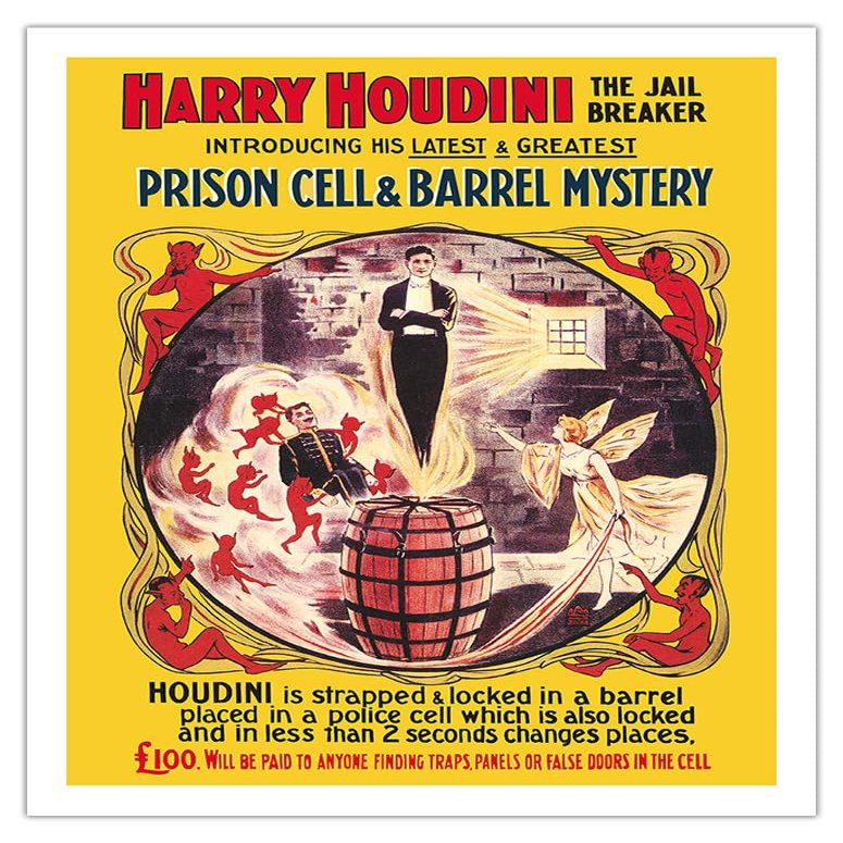 Harry Houdini - The Jail Breaker - Vintage Magic Poster c.1906 - Fine Art Matte Paper Print (Unframed) 20x26in
