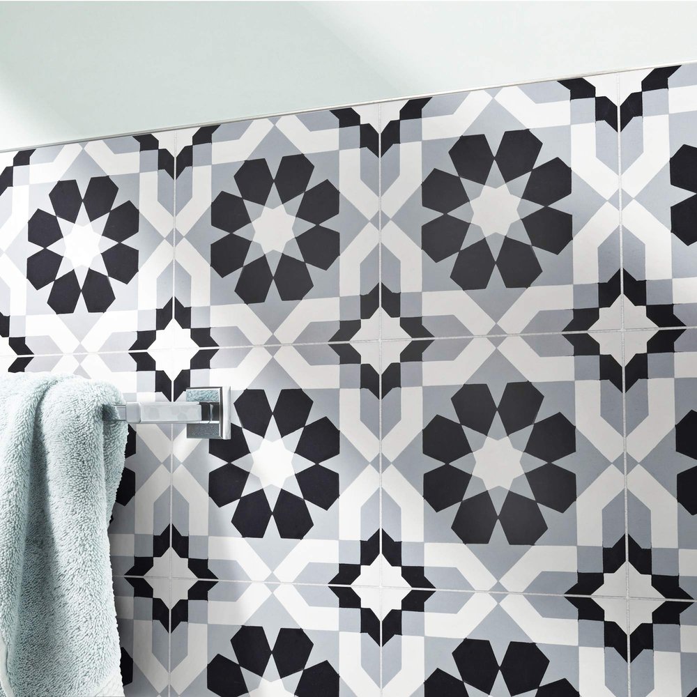 Moroccan Mosaic & Tile House CTP32-01 Beldia Handmade Cement Tiles, Pack of 12, Black, Grey, White