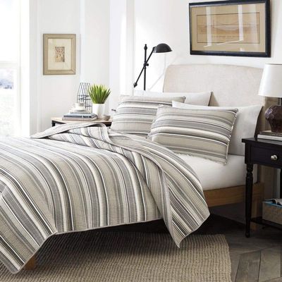 3 Piece Nautical Elegant Stripes Brown Grey Quilt Set, Beautiful Warm Neutral Tones in a Fresh Striped Pattern Lightweight Reversible Coastal Bedding Sets King, Classic Traditional Soft Cotton Quilt