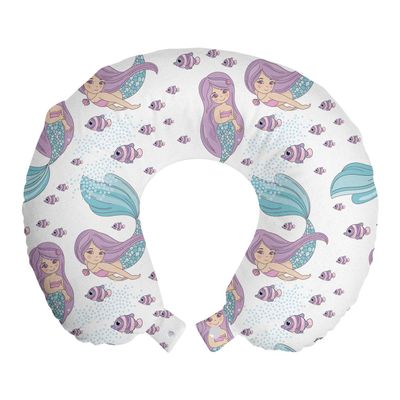 Ambesonne Mermaid Travel Pillow Neck Rest, Underwater Fantasy Merlady Swimming Exotic Cartoon Design Funny Art, Memory Foam Traveling Accessory for Airplane and Car, 12", Lilac Pale Blue and White