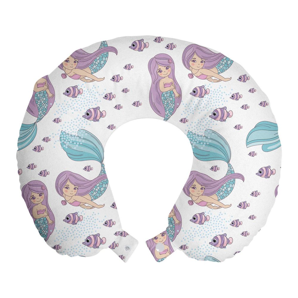 Ambesonne Mermaid Travel Pillow Neck Rest, Underwater Fantasy Merlady Swimming Exotic Cartoon Design Funny Art, Memory Foam Traveling Accessory for Airplane and Car, 12", Lilac Pale Blue and White