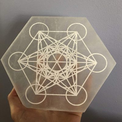 CrystalsAhoy Etched Metatrons Cube 8" Selenite Charging Plate, E1017 Ethically Mined Selenite Etched in USA