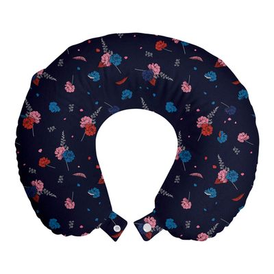 Ambesonne Navy Blue Travel Pillow Neck Rest, Various Little Lavender Carnation Flowers Design Leaves and Colorful Blots, Memory Foam Traveling Accessory for Airplane and Car, 12", Indigo Blue