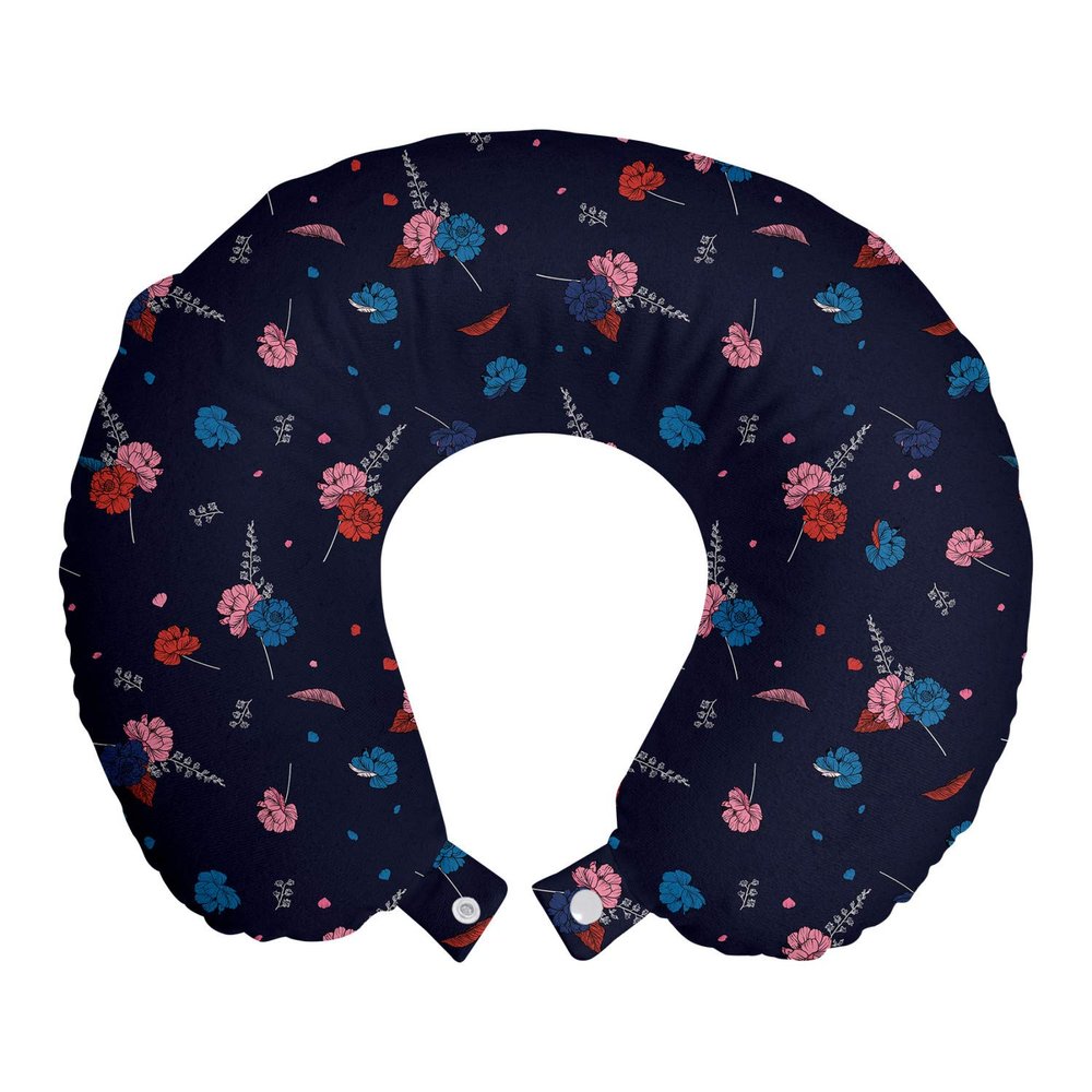 Ambesonne Navy Blue Travel Pillow Neck Rest, Various Little Lavender Carnation Flowers Design Leaves and Colorful Blots, Memory Foam Traveling Accessory for Airplane and Car, 12", Indigo Blue
