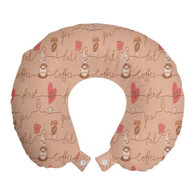 Ambesonne But First Coffee Travel Pillow Neck Rest, Continuing Line Drawing Croissant Cup Butterfly and Hearts, Memory Foam Traveling Accessory for Airplane and Car, 12", Pink Brown