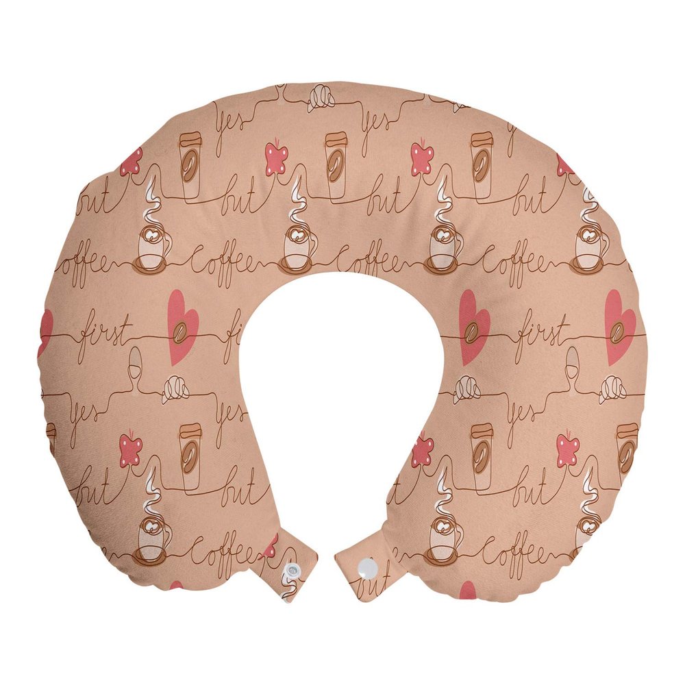 Ambesonne But First Coffee Travel Pillow Neck Rest, Continuing Line Drawing Croissant Cup Butterfly and Hearts, Memory Foam Traveling Accessory for Airplane and Car, 12", Pink Brown