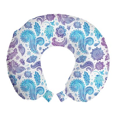 Ambesonne Vintage Travel Pillow Neck Rest, Abstract Flowers and Leaves Ornaments in Watercolor Paint on Plain Background, Memory Foam Traveling Accessory for Airplane and Car, 12", Blue and Violet