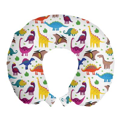 Ambesonne Cartoon Travel Pillow Neck Rest, Funny Dinosaurs and Dragons Colorful Jurassic Reptiles Pattern, Memory Foam Traveling Accessory for Airplane and Car, 12", White Multicolor