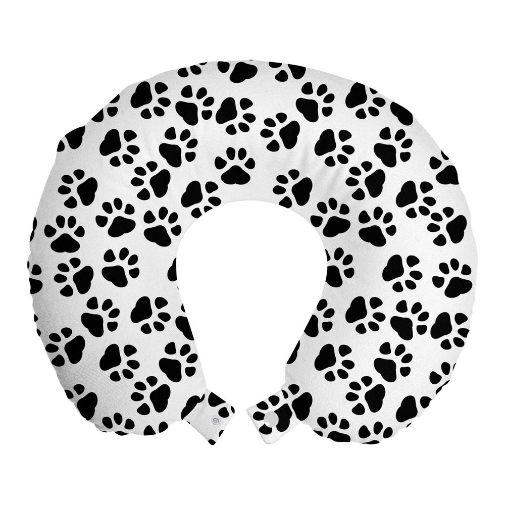 Ambesonne Paw Print Travel Pillow Neck Rest, Animal Feet Sign Pattern in Monochromatic Style Dog Cat Puppy Kitten, Memory Foam Traveling Accessory for Airplane and Car, 12", White Charcoal