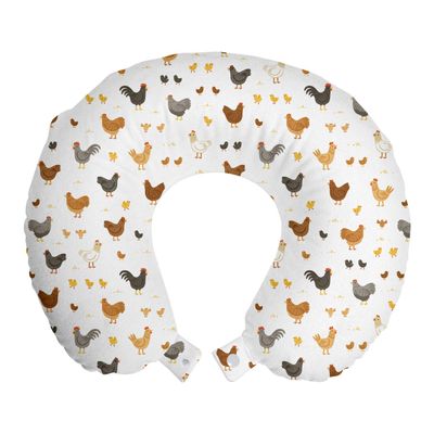 Ambesonne Rural Travel Pillow Neck Rest, Chickens and Chicks Feathers Animals Rooster Cartoon Agricultural Setting, Memory Foam Traveling Accessory for Airplane and Car, 12", Cinnamon and Apricot