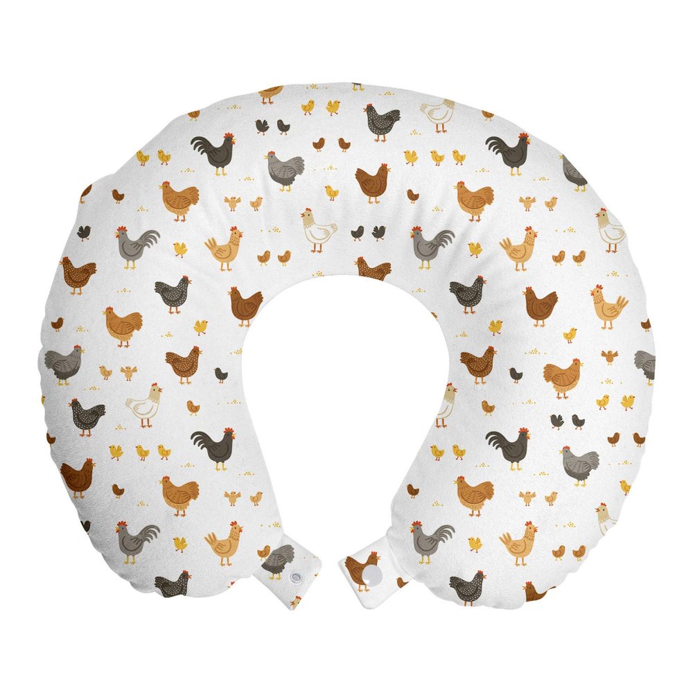 Ambesonne Rural Travel Pillow Neck Rest, Chickens and Chicks Feathers Animals Rooster Cartoon Agricultural Setting, Memory Foam Traveling Accessory for Airplane and Car, 12", Cinnamon and Apricot