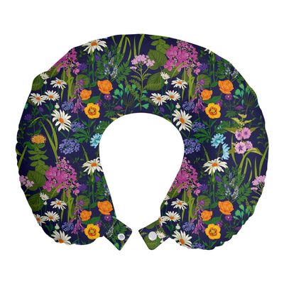 Ambesonne Floral Country Travel Pillow Neck Rest, Colorful Composition of Blooming Different Flower Types Meadow Field, Memory Foam Traveling Accessory for Airplane and Car, 12", Indigo Multicolor