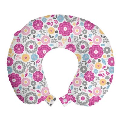 Ambesonne Spring Travel Pillow Neck Rest, Geometric Flower Petals Lily Dahlia Blooms and Leaves Botany Pattern, Memory Foam Traveling Accessory for Airplane and Car, 12", Purple Grey