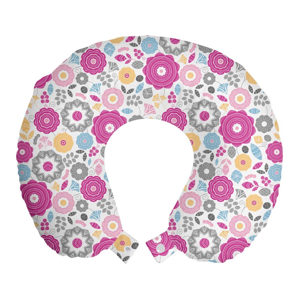 Ambesonne Spring Travel Pillow Neck Rest, Geometric Flower Petals Lily Dahlia Blooms and Leaves Botany Pattern, Memory Foam Traveling Accessory for Airplane and Car, 12", Purple Grey