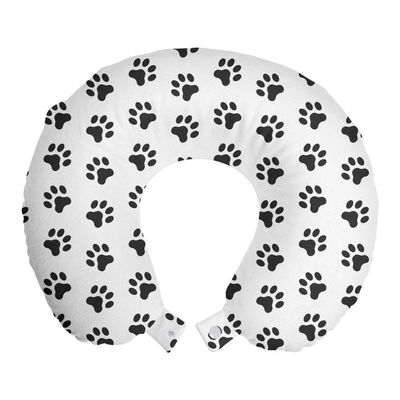 Ambesonne Paw Print Travel Pillow Neck Rest, Puppy Kitten Dog and Cat Themed Repetitive Pet Foot's Stains Concept, Memory Foam Traveling Accessory for Airplane and Car, 12", Grey White