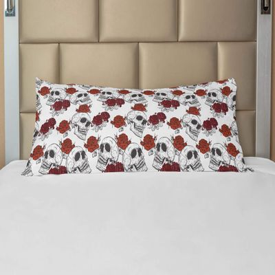 Ambesonne Skull Body Pillow Case Cover with Zipper, Retro Gothic Dead Head Skeleton with Roses Halloween Theme Spooky Trippy Romantic, Decorative Accent Long Pillowcase, 21" x 54", Grey